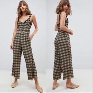 Faithfull the Brand Sz 6 Cancun Jumpsuit Plaid Wide Leg Cropped Ruffle Preppy